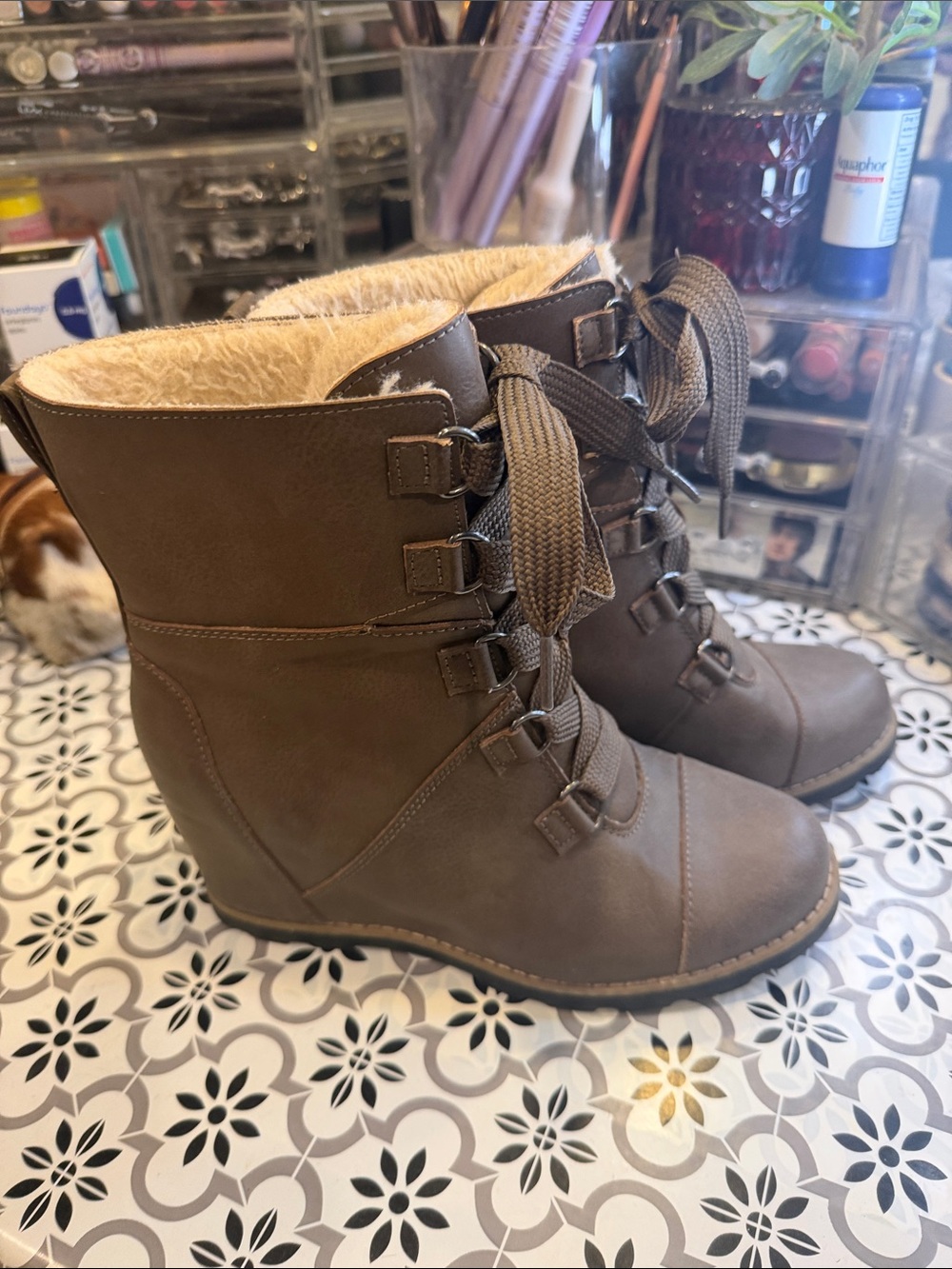 Women’s Brown Lace-Up Wedge Boot with Faux Fur Lining